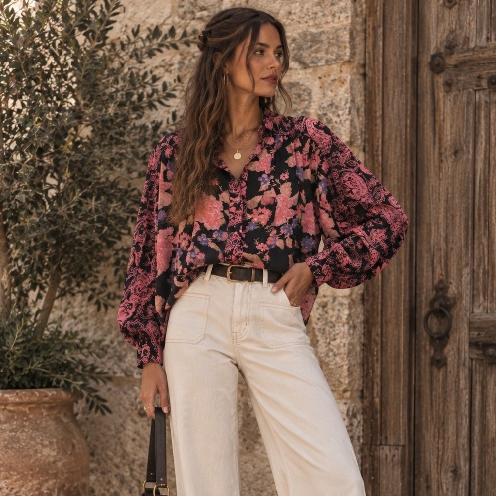 Free People Maraya Button Down Blouse Black Pink Floral Paisley Boho Oversized